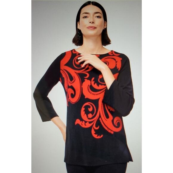Chico's Black Red Scroll Print 3/4 Sleeve Tunic Top Women Size L (Chico's Sze 2) - Picture 1 of 6